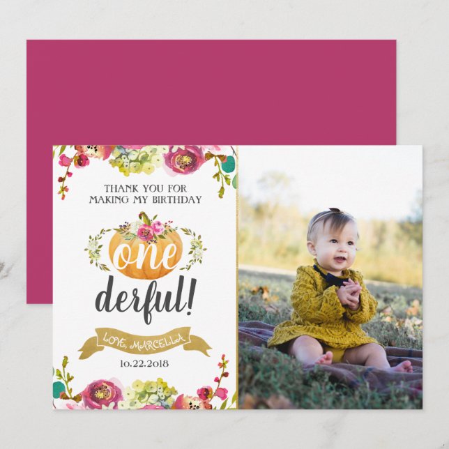 Invitación Pequeña Calabaza Primer Cumpleaños Gracias Invitac (Anverso / Reverso)