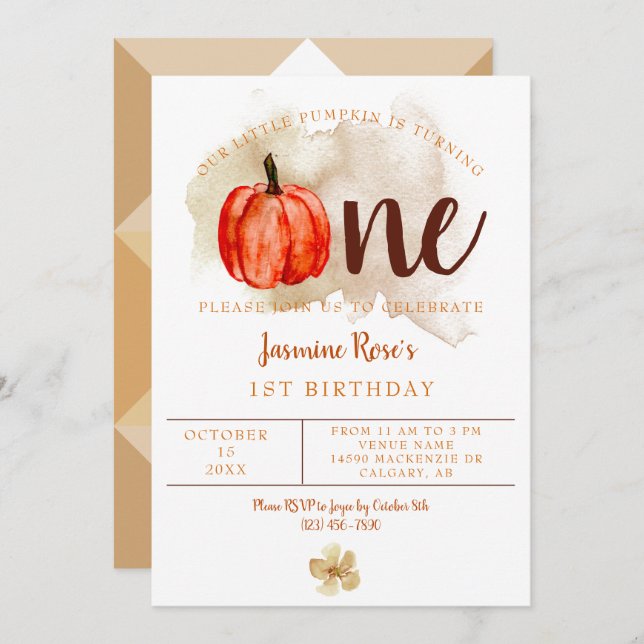 Invitación Pequeña Calabaza Primer cumpleaños Naranja acuarel (Anverso / Reverso)