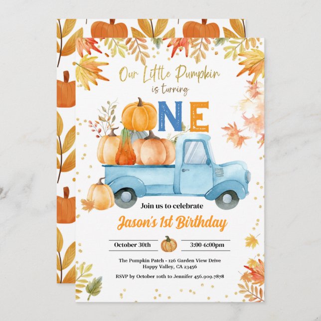 Invitación Pequeña Calabaza Primer Fiesta de cumpleaños Niño  (Anverso / Reverso)