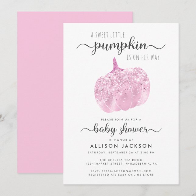 Invitación Pequeña Calabaza Purpurina rosa chisporroteando Ba (Anverso / Reverso)
