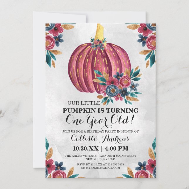 Invitación Pequeña Calabaza Red Floral acuarela Primer cumple (Anverso)