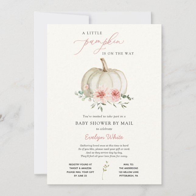 Invitación Pequeña calabaza rosa Baby Shower por correo (Anverso)