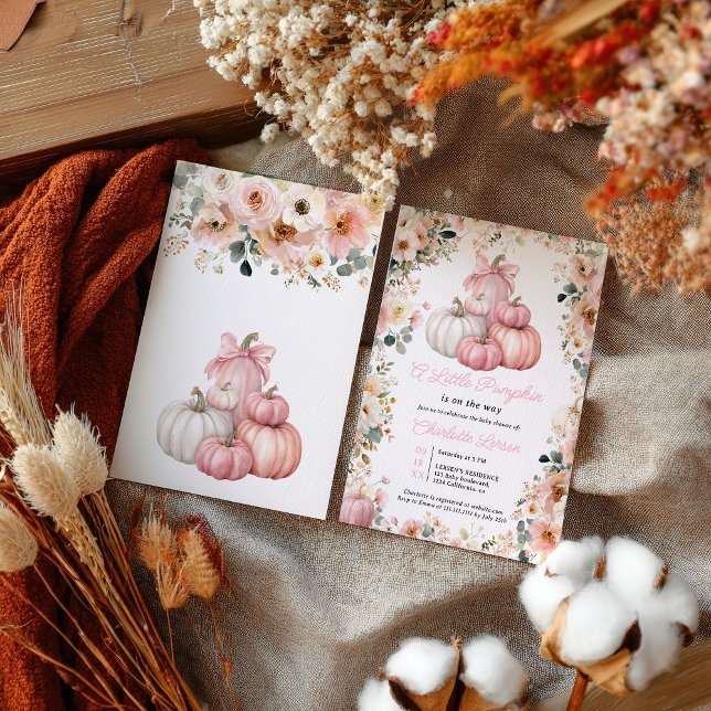 Invitación Pequeña Calabaza Rosa Cae Floral Baby Shower (Little Pumpkin Pink Stack Fall Floral Baby Shower Invitation)