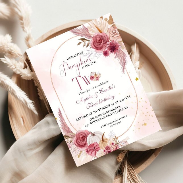 Invitación Pequeña Calabaza Rosa Chica gemela segundo cumplea (Subido por el creador)