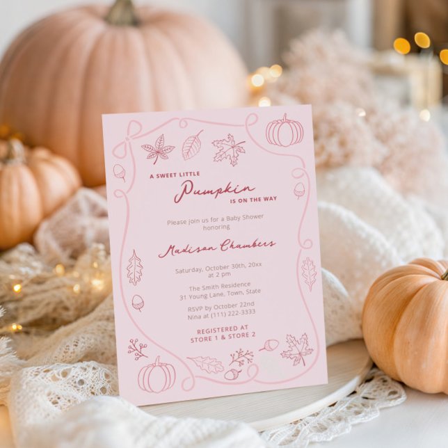 Invitación Pequeña Calabaza Rosa De Mano Dibujada Bebé Bebé D (Blush pink and cherry Sweet Little Pumpkin baby shower invites to welcome a little girl)