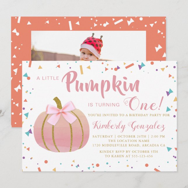 Invitación Pequeña Calabaza Rosa de Otoño Primer Cumpleaños F (Anverso / Reverso)