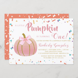 Invitación Pequeña Calabaza Rosa de Otoño Primer Cumpleaños F