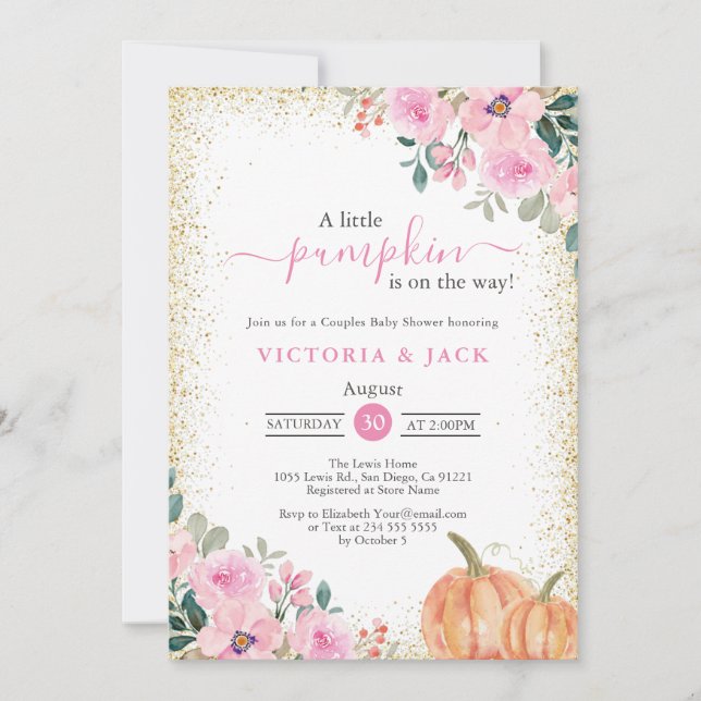 Invitación Pequeña Calabaza Rosa Flor Caída Baby Shower (Anverso)