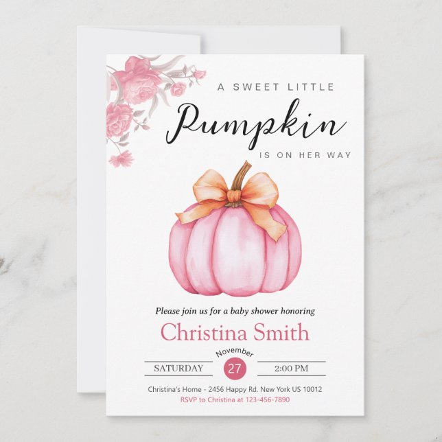 Invitación Pequeña Calabaza Rosa Flora Bebé Chica Ducha (Anverso)