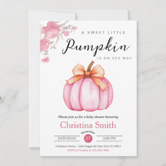 Invitación Pequeña Calabaza Rosa Flora Bebé Chica Ducha