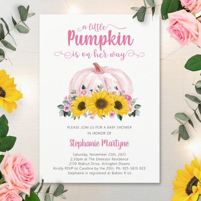 Invitación Pequeña Calabaza Rosa Floral Baby Shower (Subido por el creador)