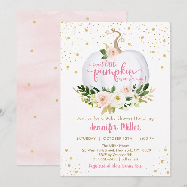 Invitación Pequeña Calabaza Rosa Floral Baby Shower (Anverso / Reverso)