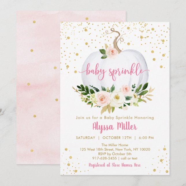 Invitación Pequeña Calabaza Rosa Floral Bebé Sprinkle (Anverso / Reverso)