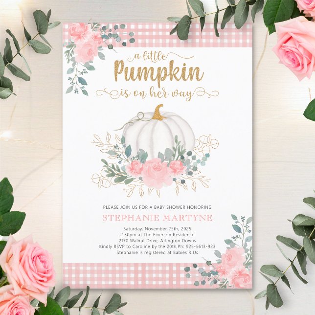 Invitación Pequeña Calabaza Rosa Floral Gingham Baby Shower (Subido por el creador)