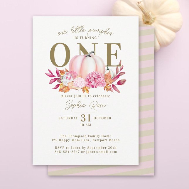 Invitación Pequeña Calabaza Rosa Hydrangea Primer Elegante Cu (our little pumpkin turning one girl birthday party invitation pink hydrangeas watercolor fall leaves)