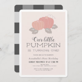 Invitación Pequeña Calabaza Rosa Negro Gingham Primer Cumplea