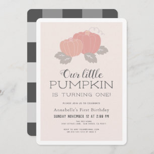Invitación Pequeña Calabaza Rosa Negro Gingham Primer Cumplea