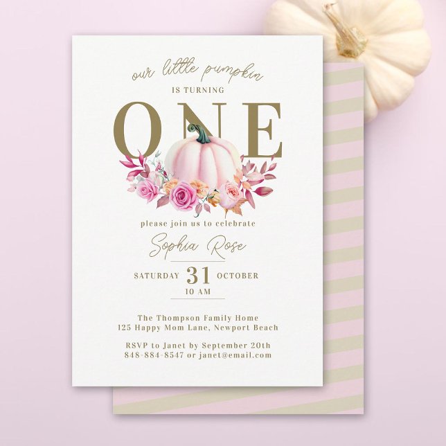 Invitación Pequeña Calabaza Rosa Rosada Primer Elegante Cumpl (little pumpkin turning one girl first birthday party invitation pink roses watercolor elegant boho)