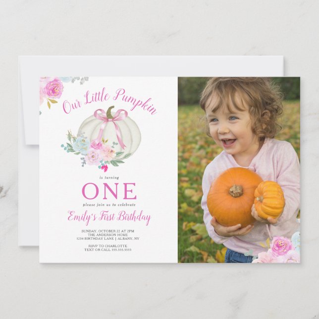 Invitación Pequeña calabaza rosada Chicas primer cumpleaños f (Anverso)