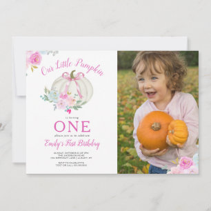 Invitación Pequeña calabaza rosada Chicas primer cumpleaños f