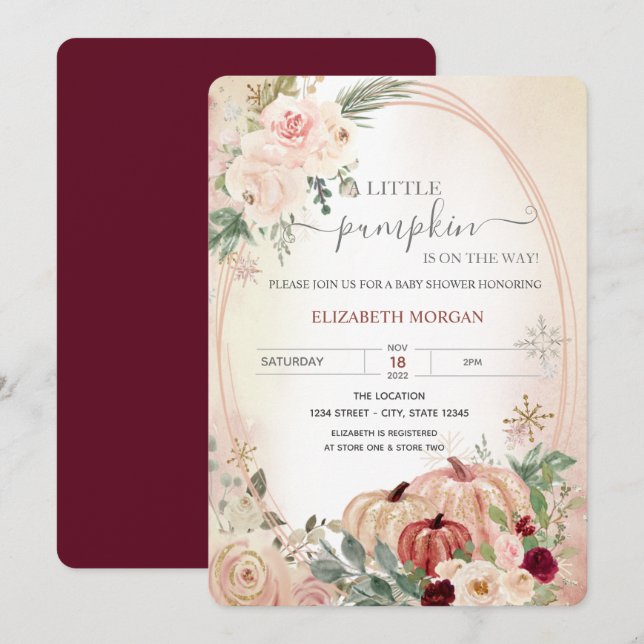 Invitación Pequeña calabaza Rosas Burgundy Baby Shower (Anverso / Reverso)