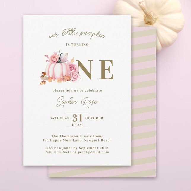 Invitación Pequeña Calabaza Rosas de color rosa primer cumple (our little pumpkin is turning one girl birthday invitation elegant calligraphy watercolor roses)