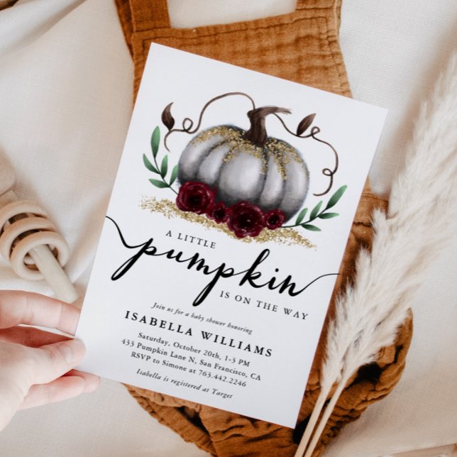 Invitación Pequeña calabaza Rustica de Oro Blanco Baby Shower (Subido por el creador)