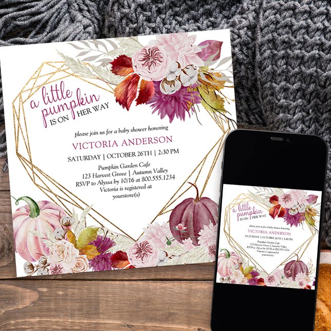 Invitación Pequeña calabaza Rustica Floral Baby Shower (Little Pumpkin Baby Shower with gold heart frame and fall flowers from my Little Pumpkin collection
)