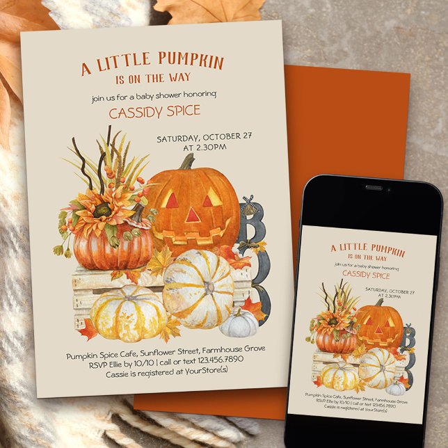 Invitación Pequeña Calabaza Rustica Halloween Baby Shower (Little Pumpkin on the Way Halloween themed baby shower invitation)