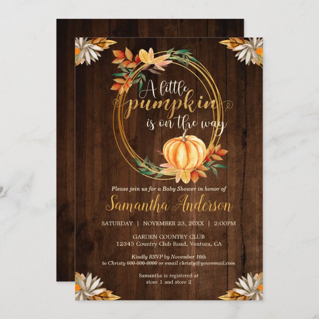 Invitación Pequeña Calabaza Rustica Madera Baby Shower Cae (Anverso / Reverso)