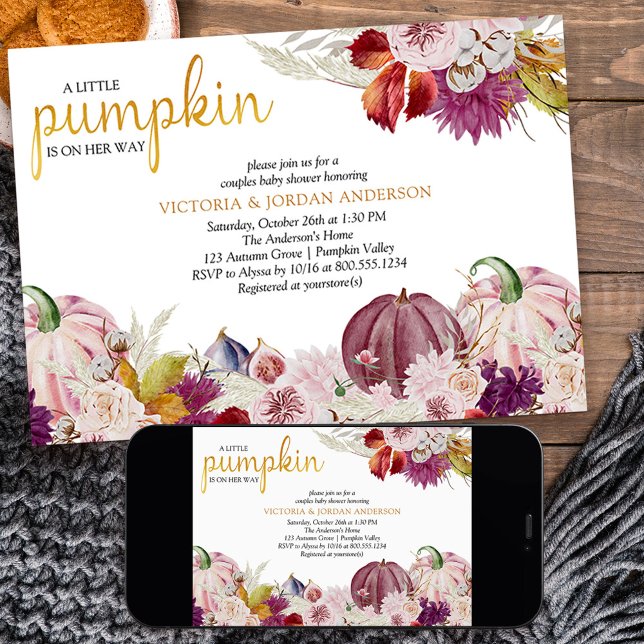 Invitación Pequeña Calabaza Rustica Parejas Florales Baby Sho (Fall baby shower with pink pumpkins and autumn theme from my Little Pumpkin collection)