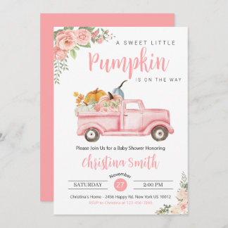 Invitación Pequeña Calabaza Rústica Rosa Camión Bebé Chica Du