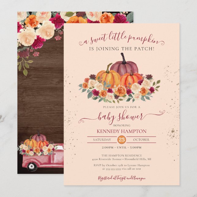 Invitación Pequeña calabaza Rústica Sexo Neutral Baby Shower (Anverso / Reverso)