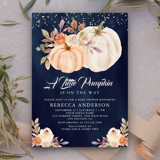 Invitación Pequeña Calabaza Tierra Floral Marina Azul Baby Sh (Subido por el creador)