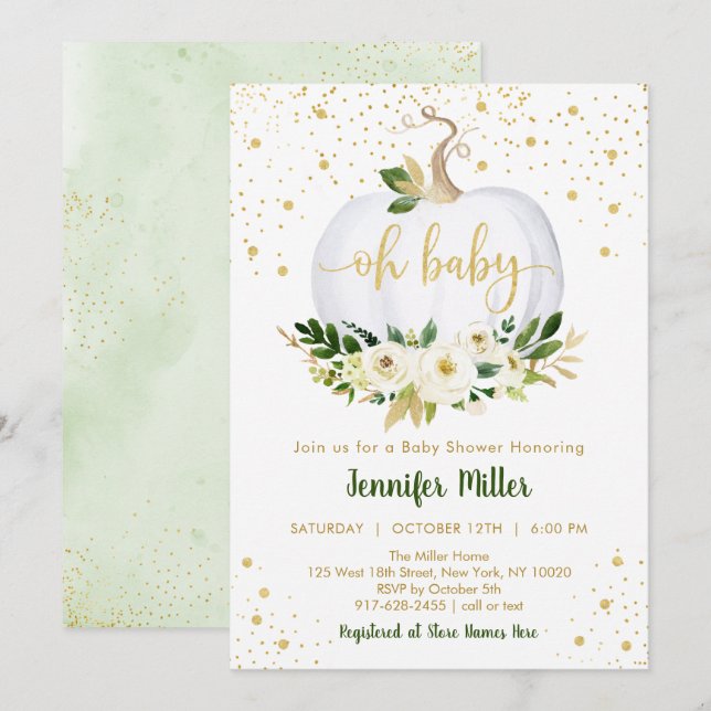 Invitación Pequeña calabaza verde oro Baby Shower (Anverso / Reverso)