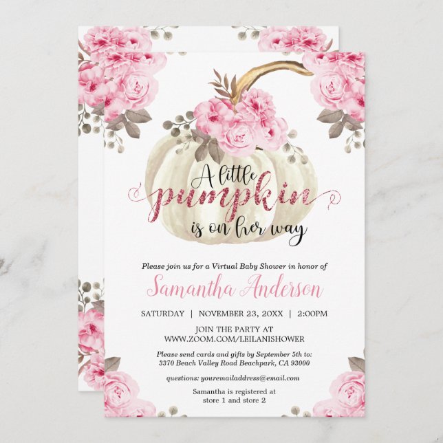 Invitación Pequeña calabaza virtual Baby Shower floral rosa (Anverso / Reverso)