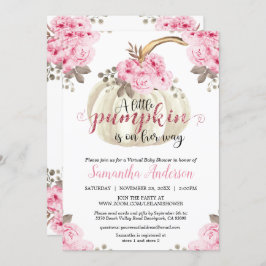 Invitación Pequeña calabaza virtual Baby Shower floral rosa