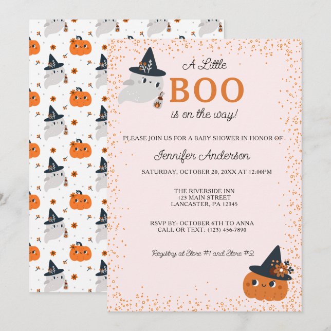 Invitación Pequeña calabaza y Baby Shower fantasma (Anverso / Reverso)