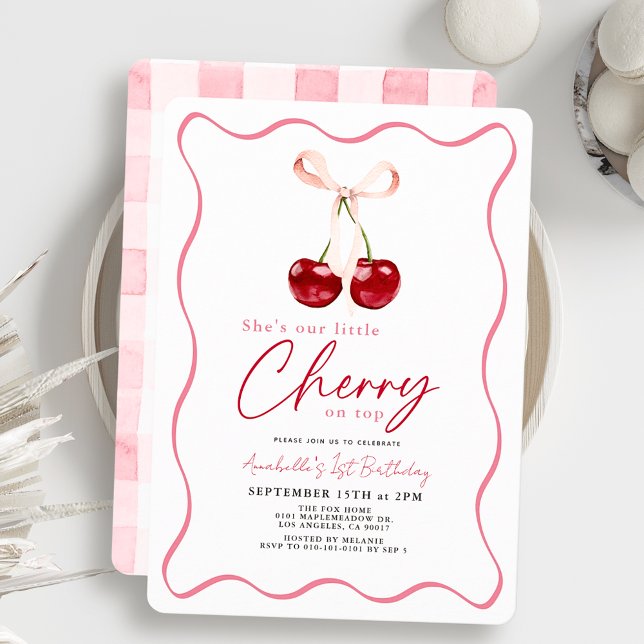 Invitación Pequeña cereza en la cima de Ribbon Gingham Primer (Subido por el creador)