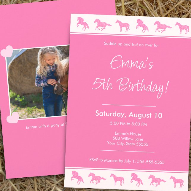 Invitación Pequeña chica de caballo amante Pink Photo Birday  (Subido por el creador)