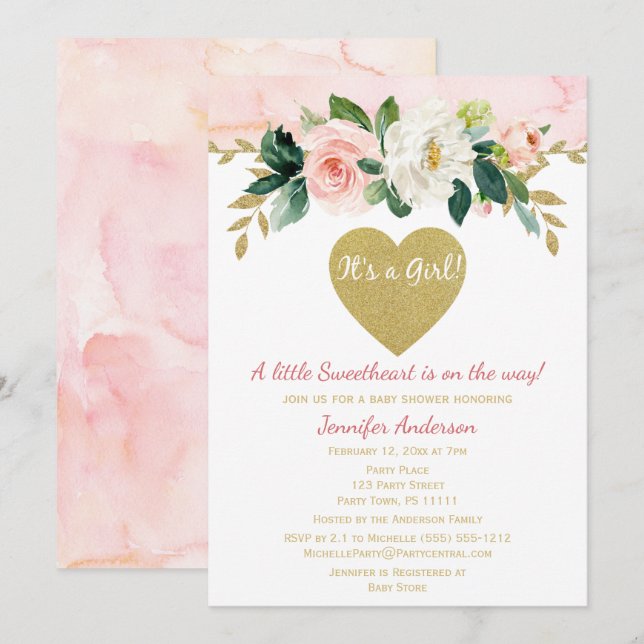 Invitación Pequeña Chica de San Valentín Rosa Baby Shower (Anverso / Reverso)