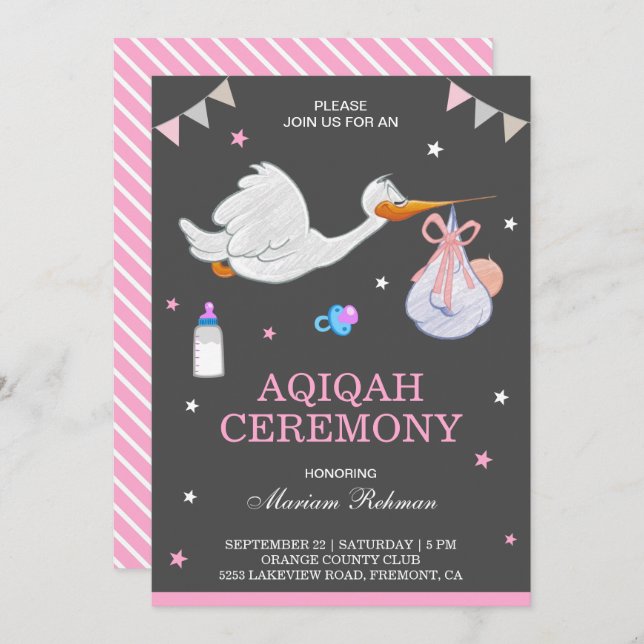 Invitación Pequeña cigüeña chica rosa Aqiqah (Anverso / Reverso)