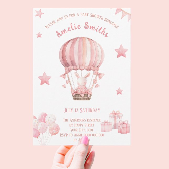 Invitación Pequeña conejita rosada en un Baby Shower con glob (Subido por el creador)