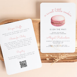 Invitación Pequeña Cookie Macaron Código QR Baby Shower rosa