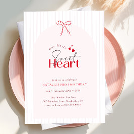 Invitación Pequeña Corazón Dulce Lazo Rojo Primer Cumpleaños