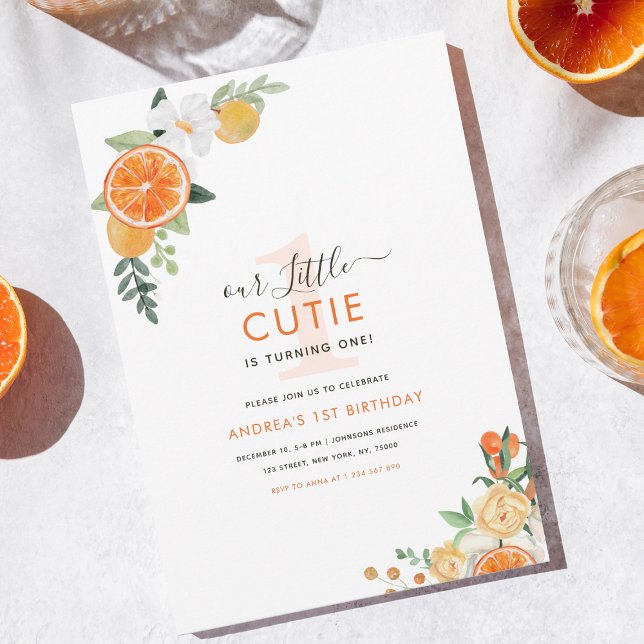 Invitación Pequeña Cutie acuarela Citrus Floral 1er cumpleaño (Subido por el creador)