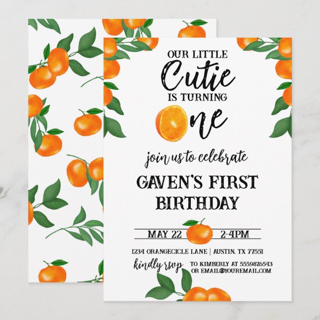 Invitación Pequeña Cutie Primer Naranja de cumpleaños acuarel (Anverso / Reverso)