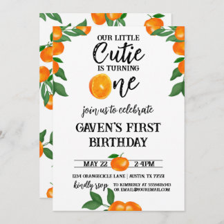 Invitación Pequeña Cutie Primer Naranja de cumpleaños acuarel