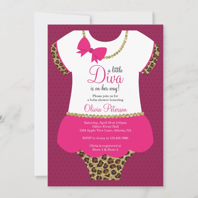 Invitación Pequeña Diva Invitada de Baby Shower, Chita, Faux  (Anverso)