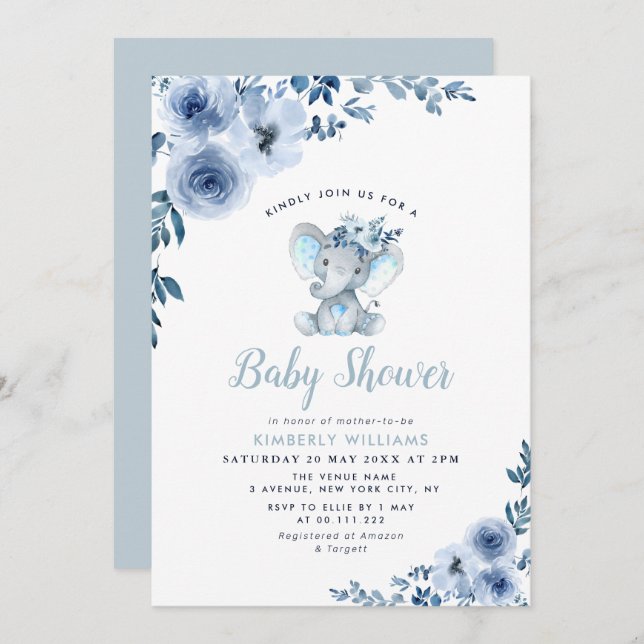 Invitación pequeña ducha de bebé con flores azul elefante (Anverso / Reverso)